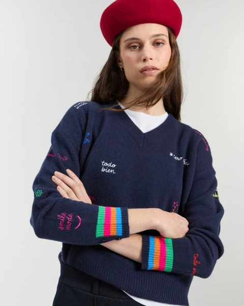 Vilagallo - Navy Sweater with Embroidered Wording