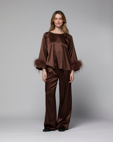 Max & Moi - Chocolate Blouse with Fur Trim