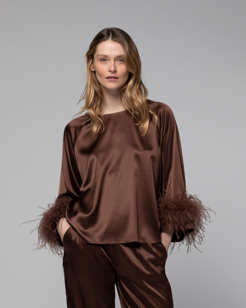 Max & Moi - Chocolate Blouse with Fur Trim