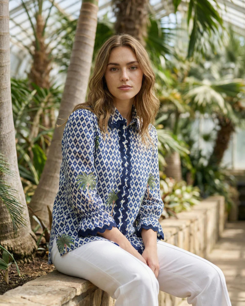Vilagallo - Navy Print Blouse with Palm Prints