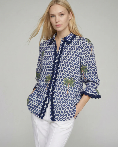 Vilagallo - Navy Print Blouse with Palm Prints