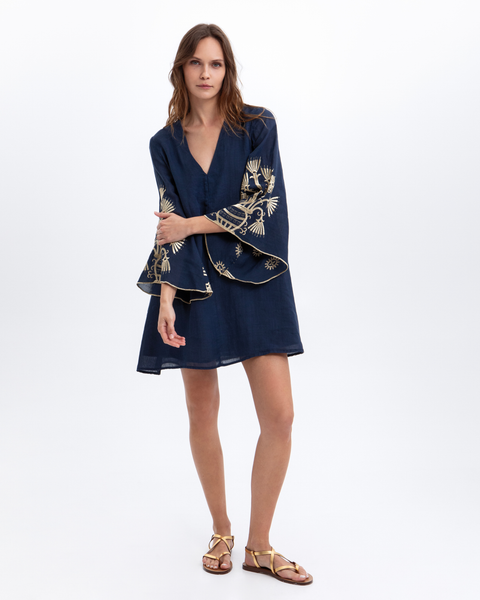 Greek Archaic Kori - Navy Blue and Gold Dress with Belt Detail