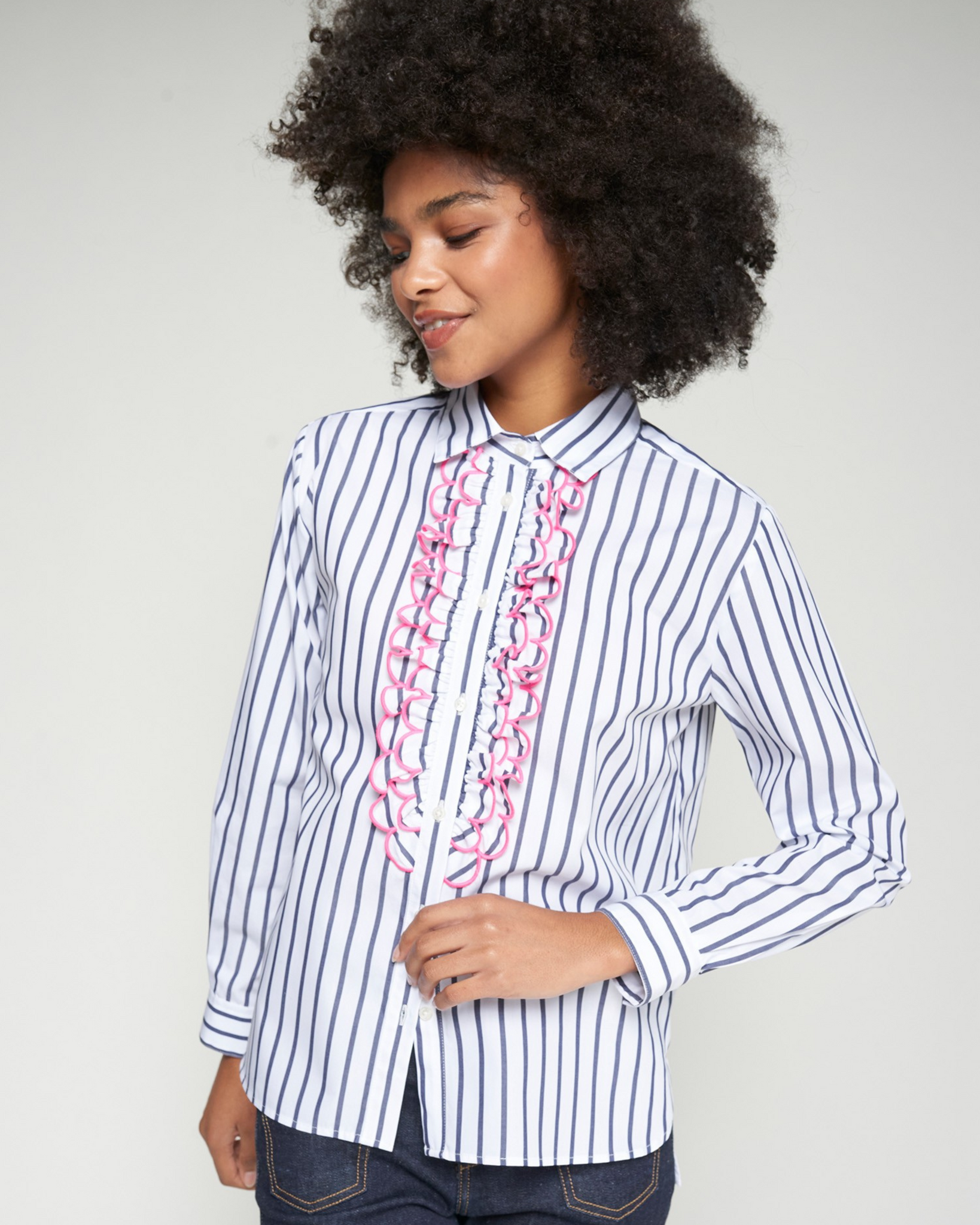 Vilagallo - Navy Striped Shirt with Pink Scallop Trim