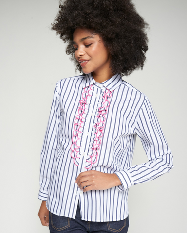 Vilagallo - Navy Striped Shirt with Pink Scallop Trim