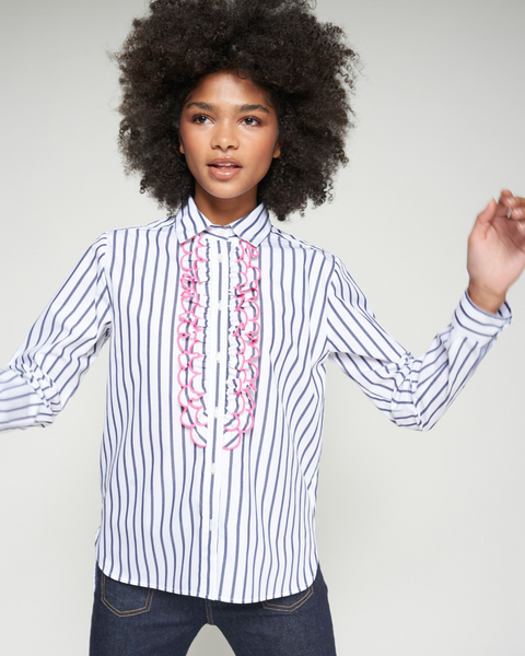 Vilagallo - Navy Striped Shirt with Pink Scallop Trim