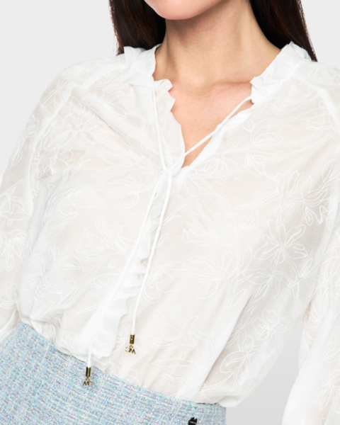 Marc Cain - White Blouse with Embroidery and Ruffles