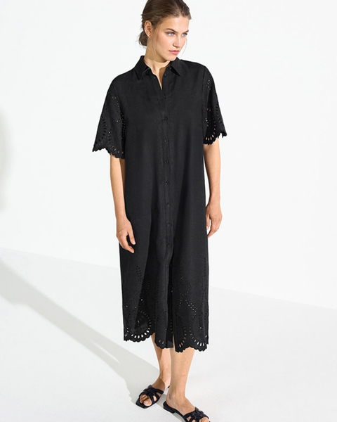 RIANI - Black Embroidered Linen Dress