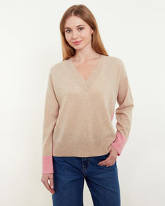 &Isla - Beth V-Neck Wheat Sweater with Pink Cuffs