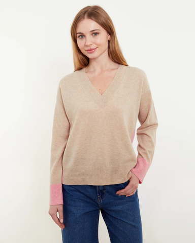 &Isla - Beth V-Neck Wheat Sweater with Pink Cuffs