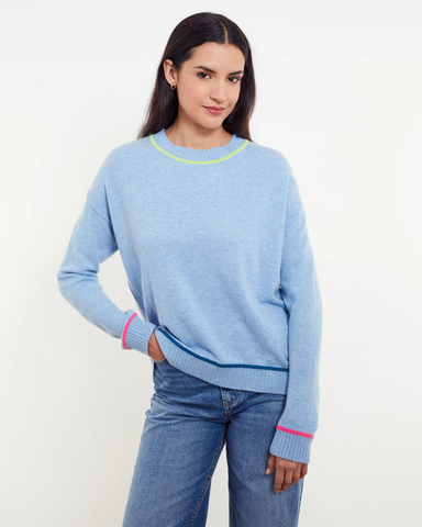 &Isla - Blue Curved Hem Crew Sweater with Collar and Cuff Detail