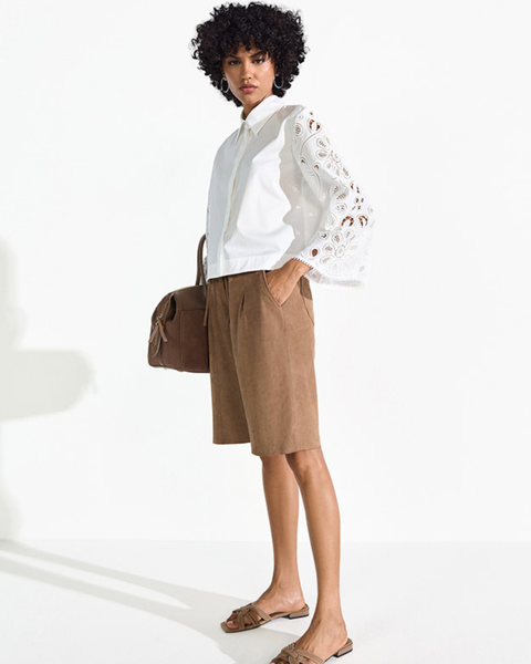 RIANI - White Poplin Blouse with Embroidered Sleeves