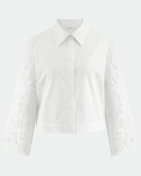 RIANI - White Poplin Blouse with Embroidered Sleeves