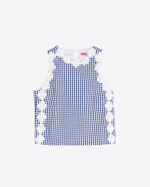 Vilagallo - Plaid Blue Top with Embroidered Flowers