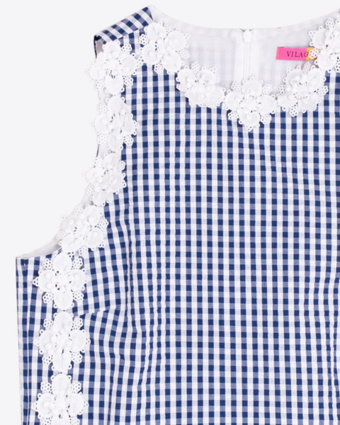 Vilagallo - Plaid Blue Top with Embroidered Flowers