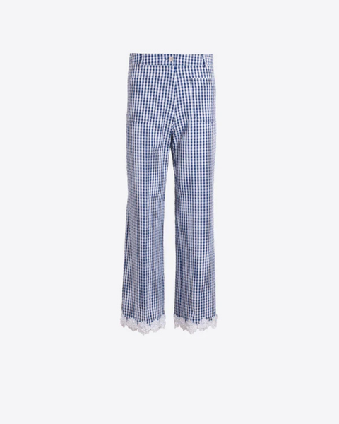 Vilagallo - Blue Plaid Trousers with Embroidered Flowers