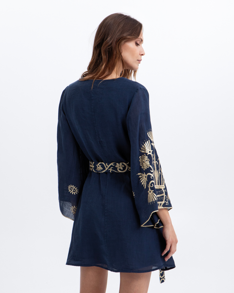 Greek Archaic Kori - Navy Blue and Gold Dress with Belt Detail