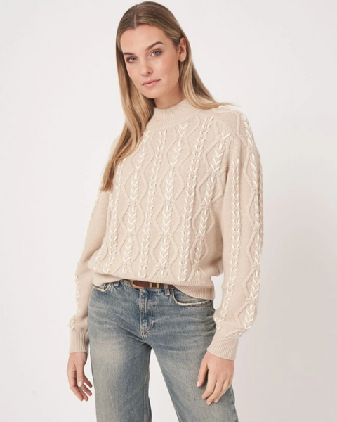 Repeat - Multicolour Cable Sweater With Hand Embroidery