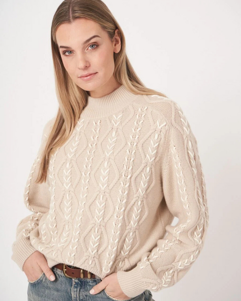 Repeat - Multicolour Cable Sweater With Hand Embroidery
