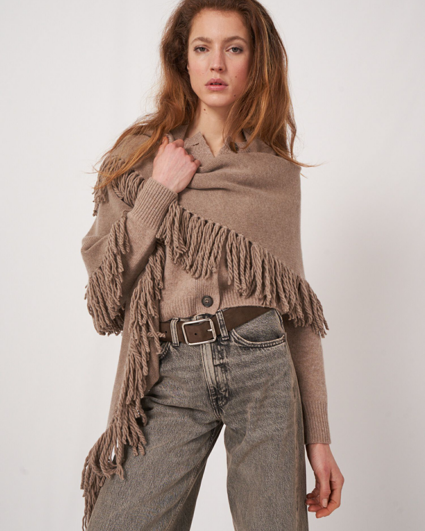 Repeat - Triangular Cashmere Scarf With Oversized Fringes