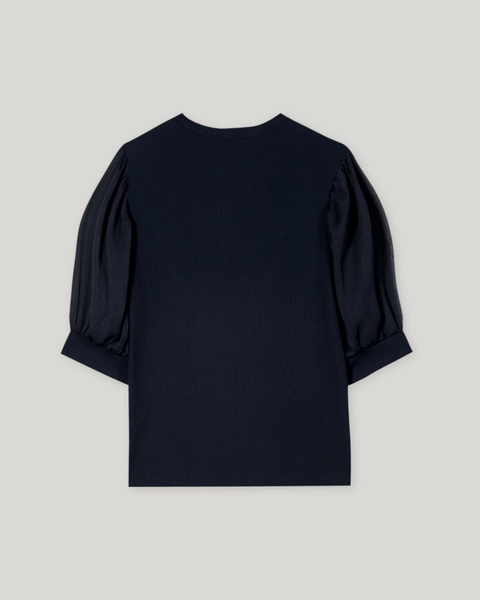Luisa Cerano - Ribbed Navy Shirt with Crepe Sleeves